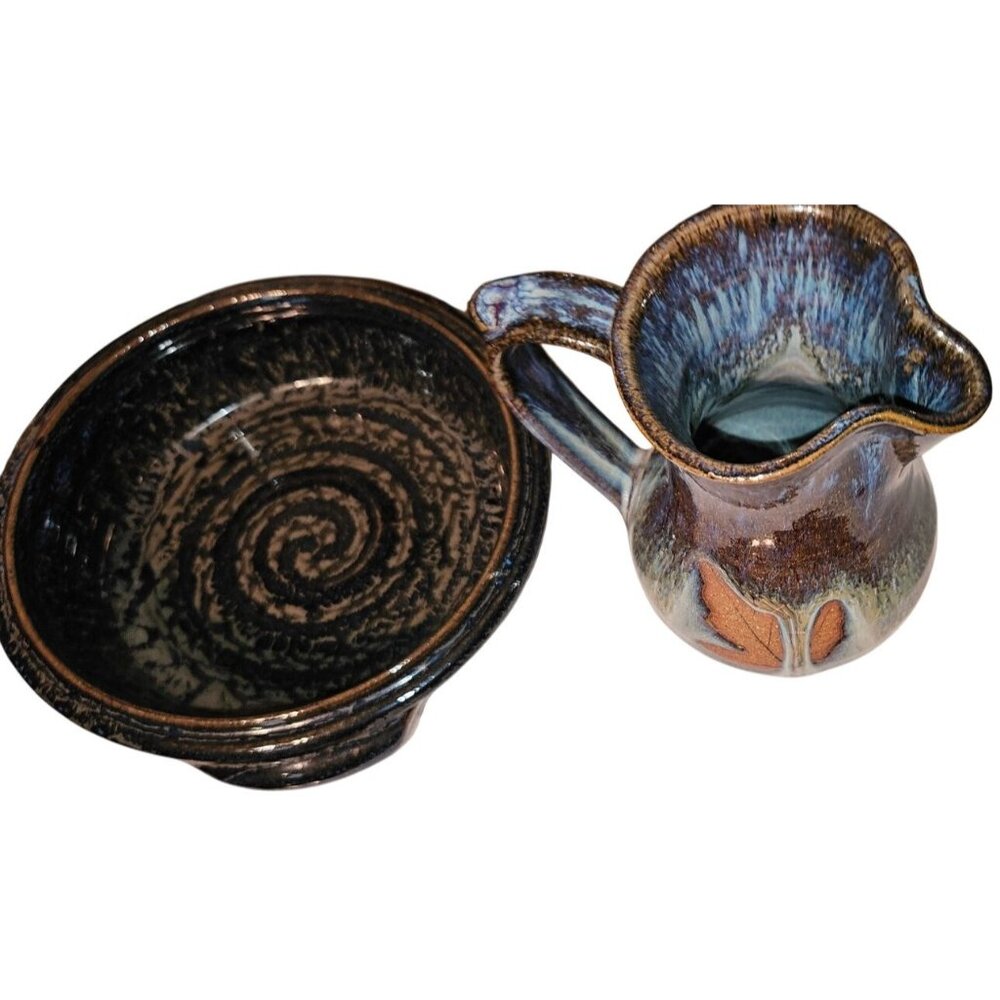 Vintage Alewine Pottery 6" Jug & 6.5 Dish Handcrafted Set W/ Leaf Motif Unique